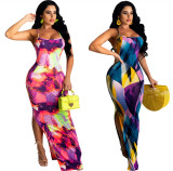 Slim-fit suspender painted print dress LS6441