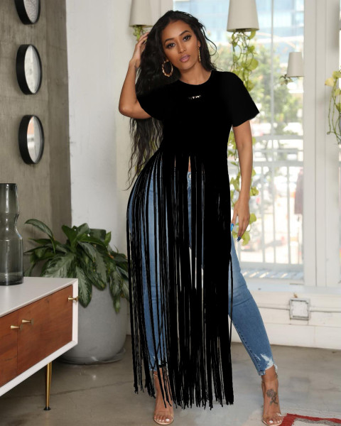 Fashionable solid color cute tassel multi-color optional short-sleeved top OL6064