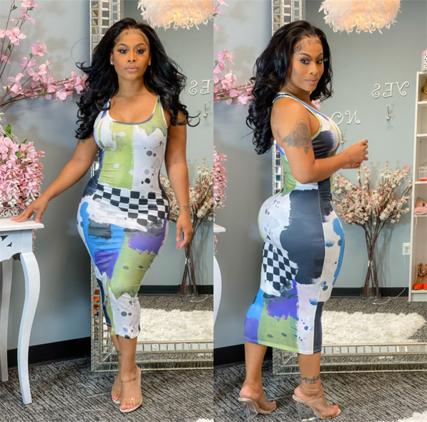 Slim fashion digital print dress LS6459