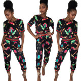 Casual fashion digital printing pants suit two-piece suit LS6018