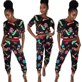 Casual fashion digital printing pants suit two-piece suit LS6018