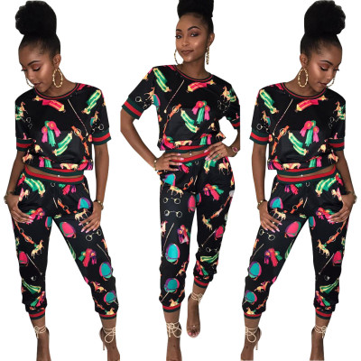 Casual fashion digital printing pants suit two-piece suit LS6018