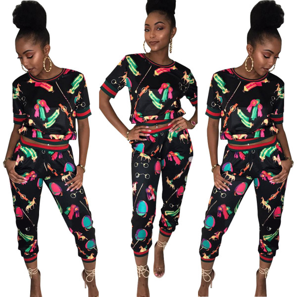 Casual fashion digital printing pants suit two-piece suit LS6018