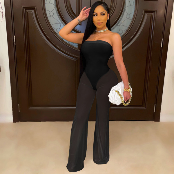 Summer fashion sexy open back solid color tube top mesh jumpsuit A8804