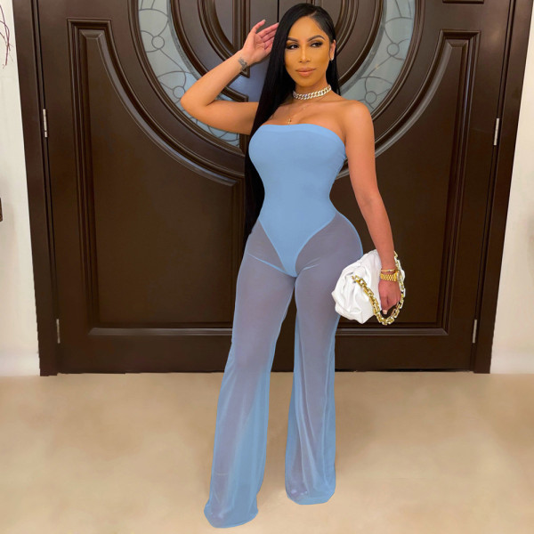 Summer fashion sexy open back solid color tube top mesh jumpsuit A8804