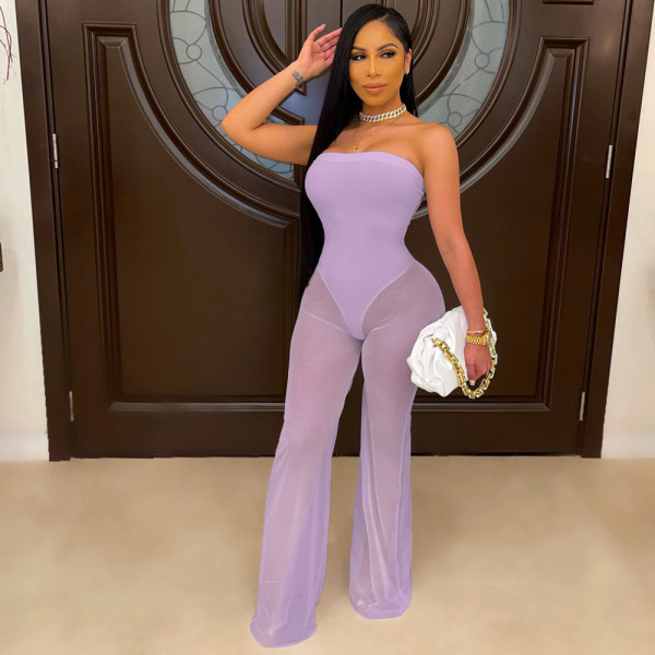 Summer fashion sexy open back solid color tube top mesh jumpsuit A8804
