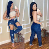 Women's spring and summer new fashion personality pants waist tie casual jeans LS6456