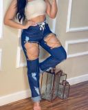 Women's spring and summer new fashion personality pants waist tie casual jeans LS6456