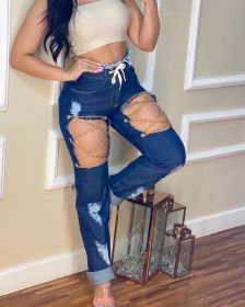 Women's spring and summer new fashion personality pants waist tie casual jeans LS6456