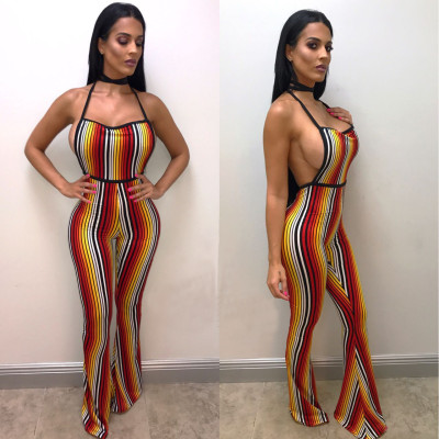 Sexy Digital Print Striped Halter Halter Jumpsuit LS8004