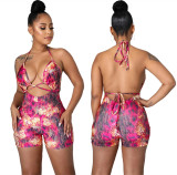 Slim-fit suspender painted print jumpsuit LS6439