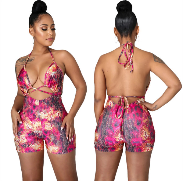 Slim-fit suspender painted print jumpsuit LS6439