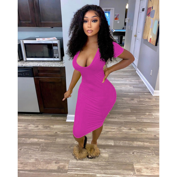 Pure color deep V dress short-sleeved mid-length sexy short-sleeved dress nightclub style W8214-1