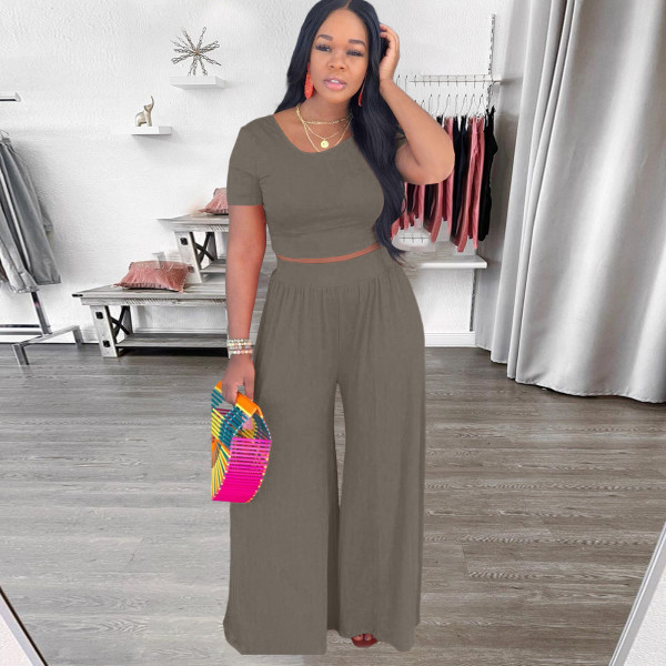 Two-piece fashion umbilical solid color wide-leg pants suit X9318