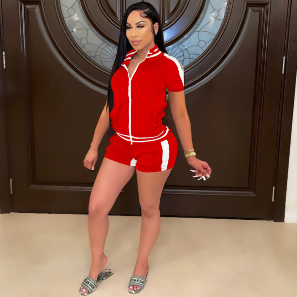 Women's zipper hit color suit sexy off-the-shoulder top cuffed shorts two-piece suit W8212-1