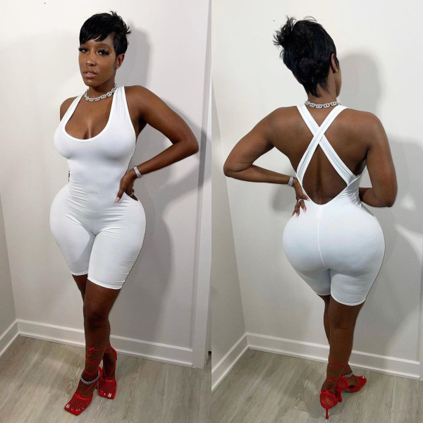 Sexy open-back cross-shoulder jumpsuit high elastic solid color ladies jumpsuit W8203-1