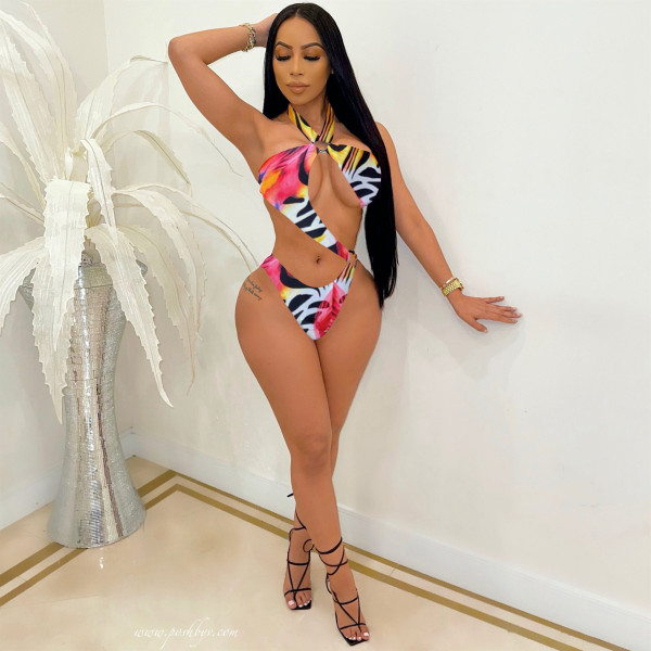Summer beach halterneck sexy one-piece swimsuit digital print one-piece W8202-1