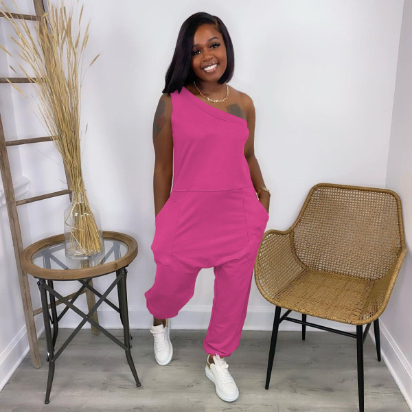 Jumpsuit slanted shoulder off-shoulder pocket long sports jumpsuit W8215-1