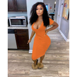 Pure color deep V dress short-sleeved mid-length sexy short-sleeved dress nightclub style W8214-1