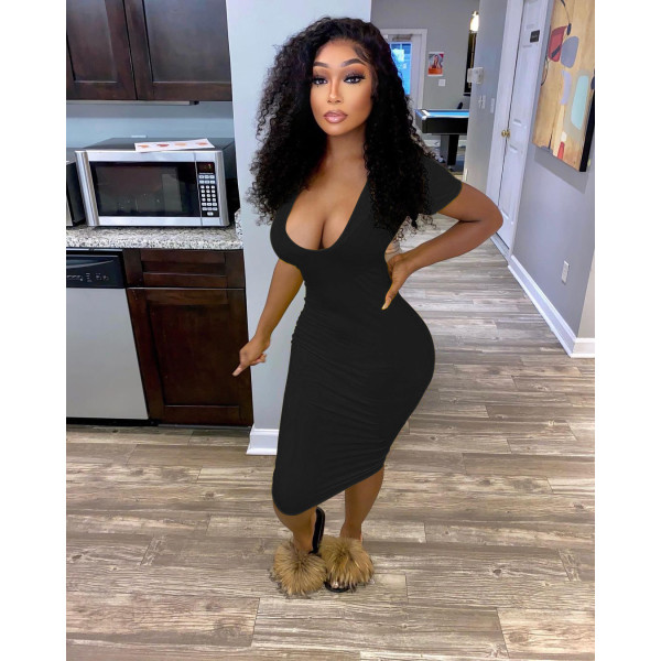Pure color deep V dress short-sleeved mid-length sexy short-sleeved dress nightclub style W8214-1