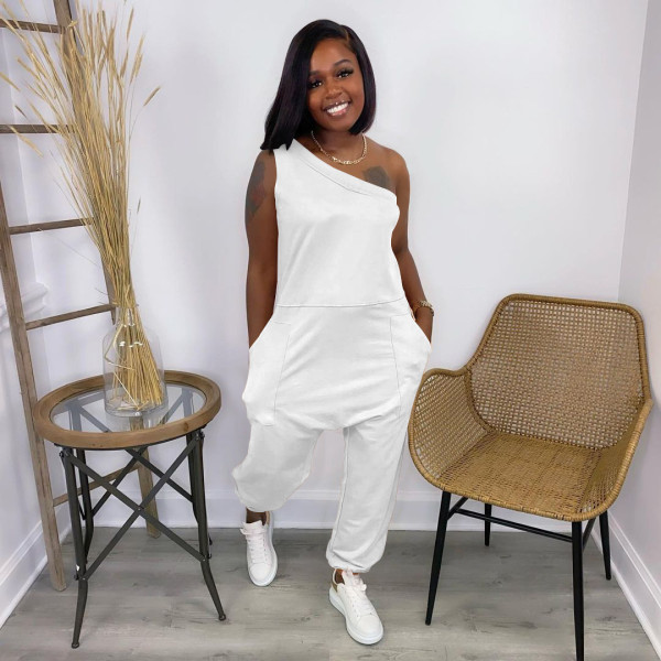 Jumpsuit slanted shoulder off-shoulder pocket long sports jumpsuit W8215-1