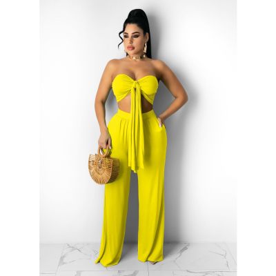 Two-piece solid color tube top loose trousers W8201-1