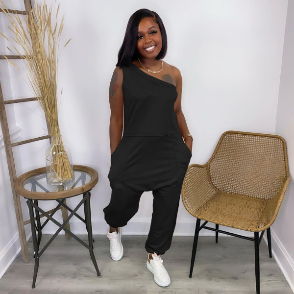Jumpsuit slanted shoulder off-shoulder pocket long sports jumpsuit W8215-1