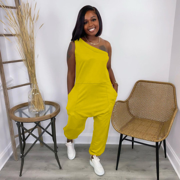 Jumpsuit slanted shoulder off-shoulder pocket long sports jumpsuit W8215-1