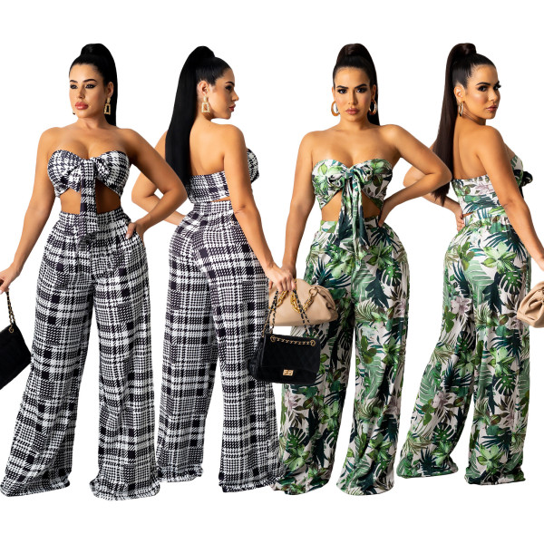 Two-piece set of wide-leg pants with printed chest wrap top X9319