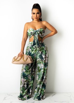 Two-piece set of wide-leg pants with printed chest wrap top X9319