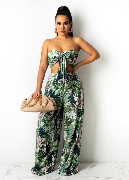 Two-piece set of wide-leg pants with printed chest wrap top X9319