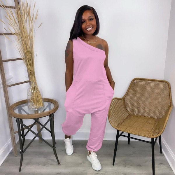 Jumpsuit slanted shoulder off-shoulder pocket long sports jumpsuit W8215-1