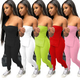 Chest-wrapped trousers casual suit solid color pit strip stretch tight two-piece suit W8207-1