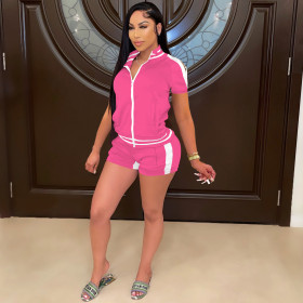 Women's zipper hit color suit sexy off-the-shoulder top cuffed shorts two-piece suit W8212-1