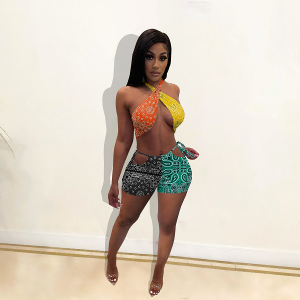 Tube top shorts set popular print sexy lace-up swimsuit W8210-1