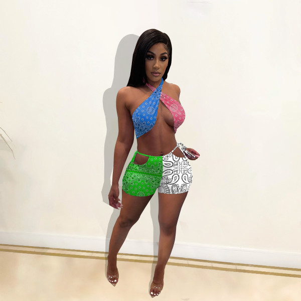Tube top shorts set popular print sexy lace-up swimsuit W8210-1