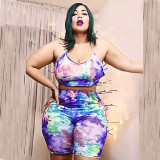 Two-piece suit of plus size sexy color tie-dye pit strip vest shorts Q2036