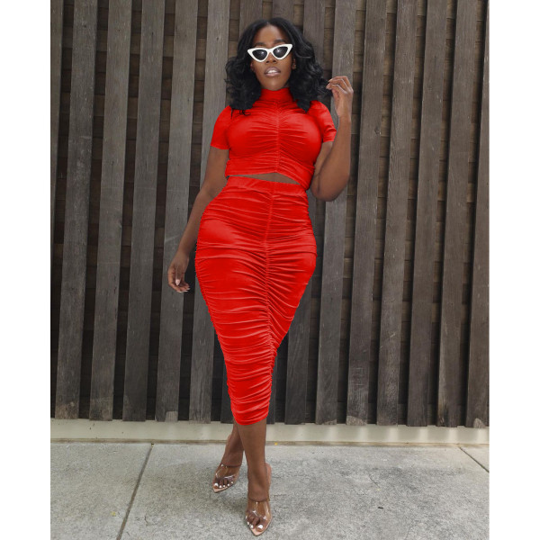 Women's summer candy color high elastic pleated tube top long skirt suit W8221-1