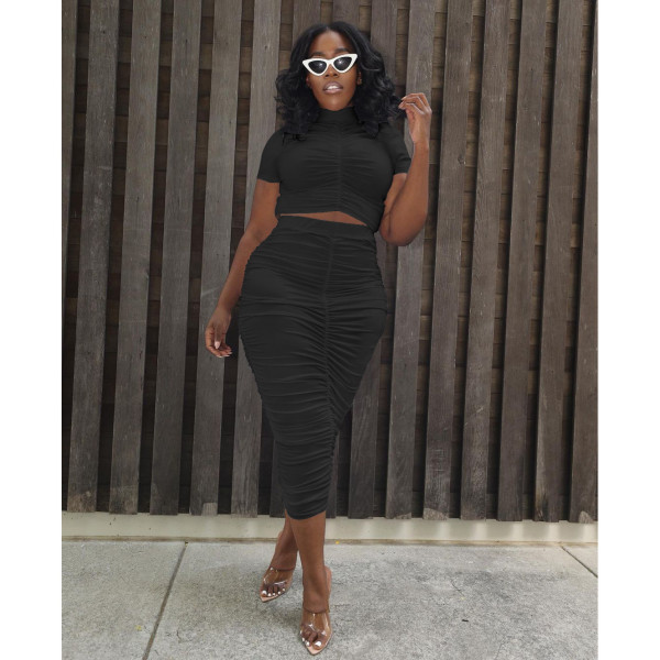 Women's summer candy color high elastic pleated tube top long skirt suit W8221-1