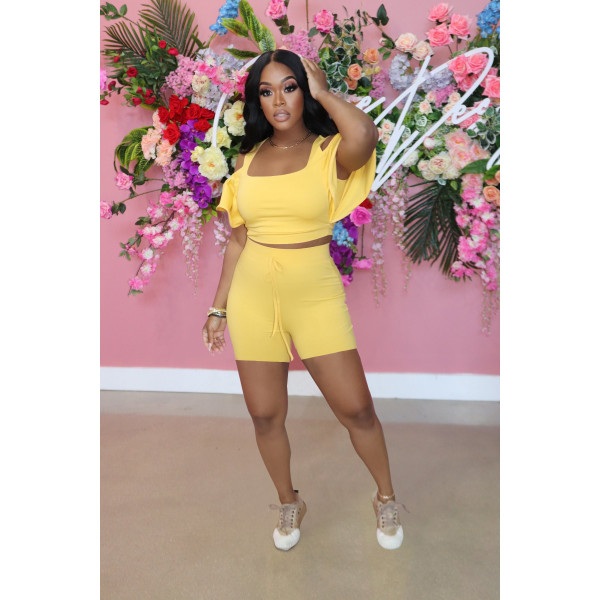 Women's sexy off-shoulder ruffled sleeve shorts suit stretch slim casual two-piece women W8216-1