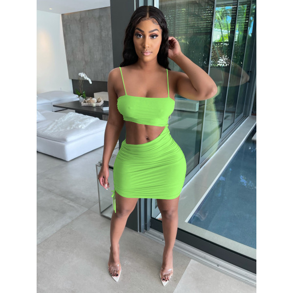 Women's sexy pleated split dress with thin straps, pure color elastic halter nightclub skirt W8208-1