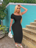Pure color slim sexy slanted shoulder pit long dress Q2038