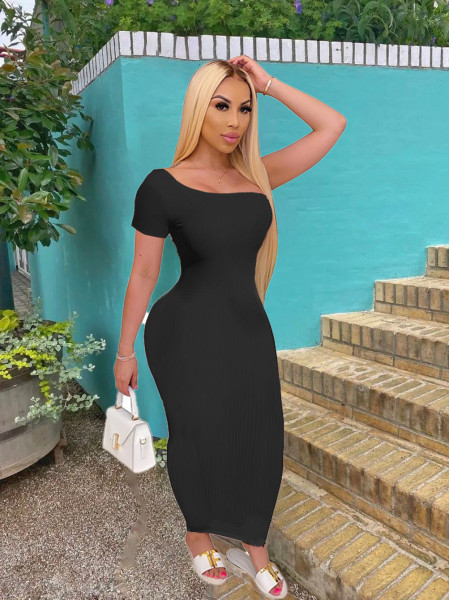 Pure color slim sexy slanted shoulder pit long dress Q2038