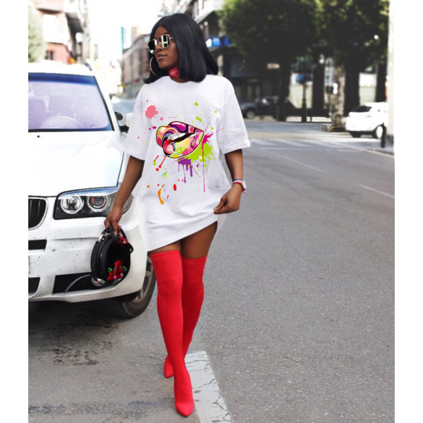 Fashionable European and American T-shirt Women's Fashion Lips Loose Dress Short Q2030