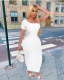 Pure color slim sexy slanted shoulder pit long dress Q2038