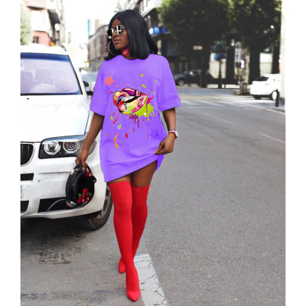 Fashionable European and American T-shirt Women's Fashion Lips Loose Dress Short Q2030