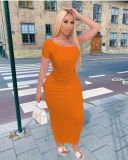 Pure color slim sexy slanted shoulder pit long dress Q2038