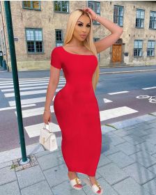 Pure color slim sexy slanted shoulder pit long dress Q2038