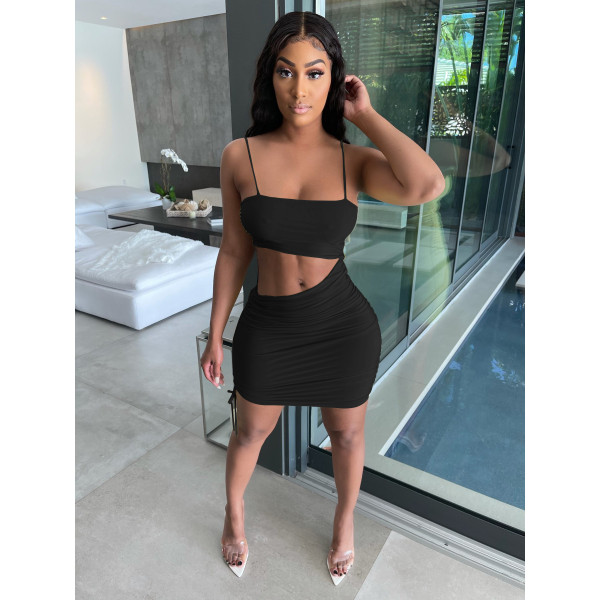 Women's sexy pleated split dress with thin straps, pure color elastic halter nightclub skirt W8208-1