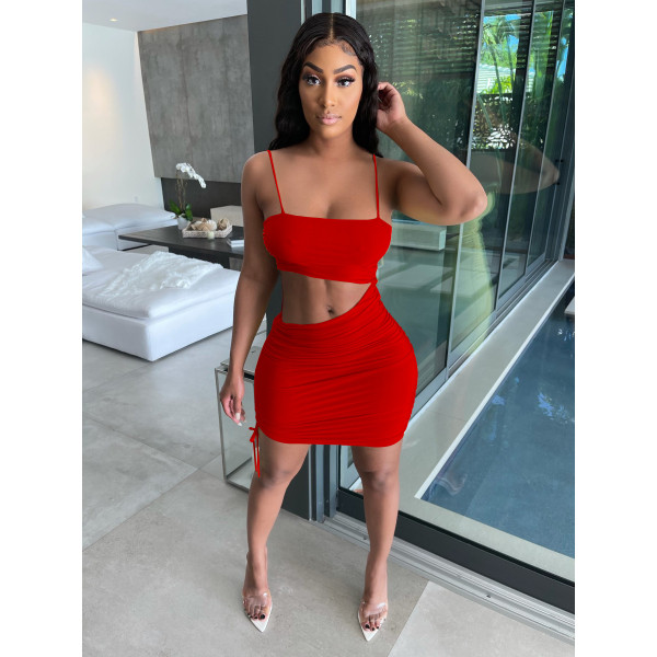 Women's sexy pleated split dress with thin straps, pure color elastic halter nightclub skirt W8208-1